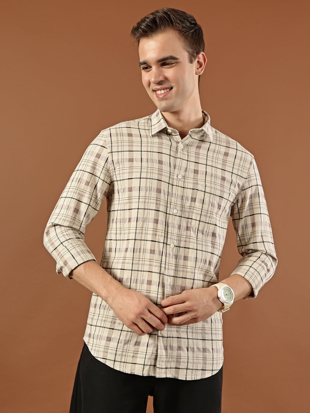 Classic Check Cotton Shirt – Beige Multi