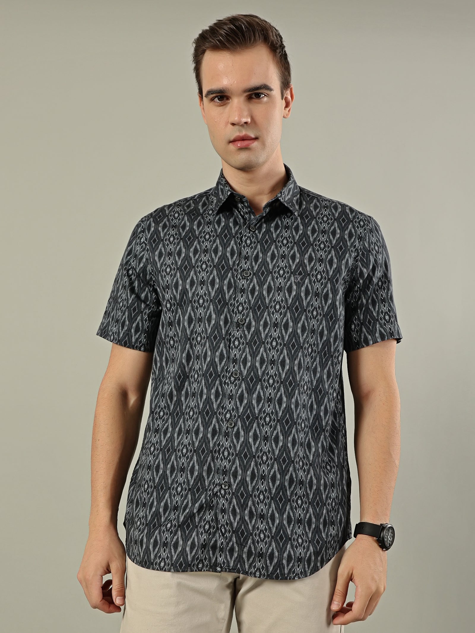 Abstract Print Cotton Shirt – Charcoal Black
