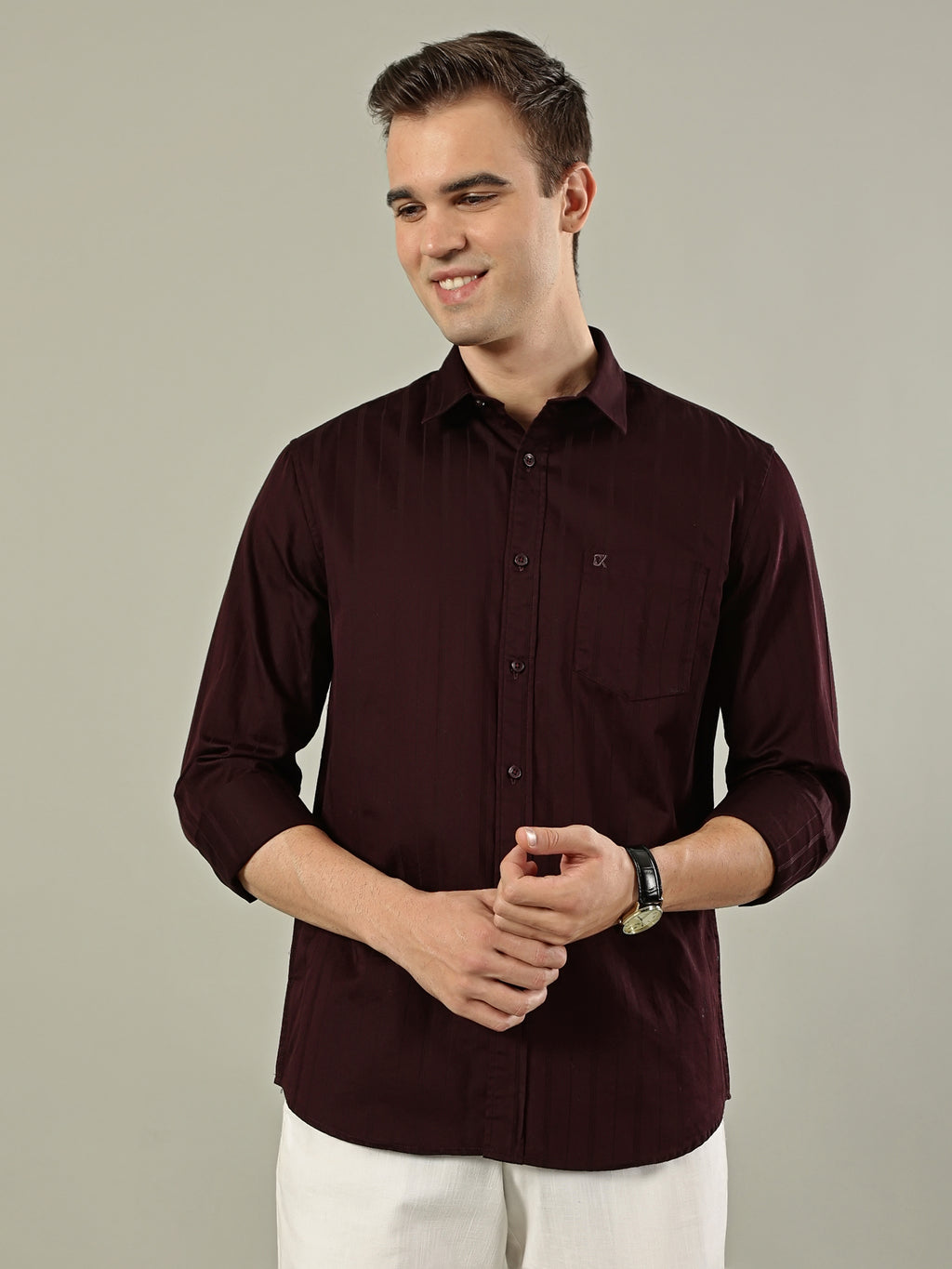Striped Cotton Shirt – Deep Maroon