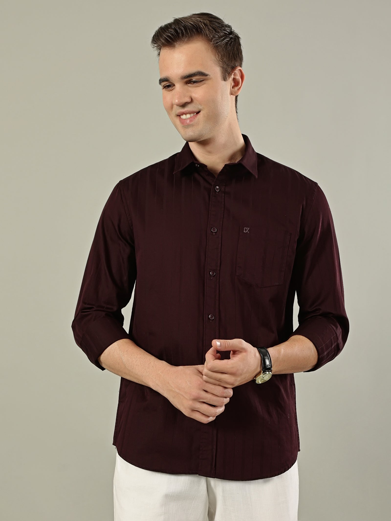 Striped Cotton Shirt – Deep Maroon