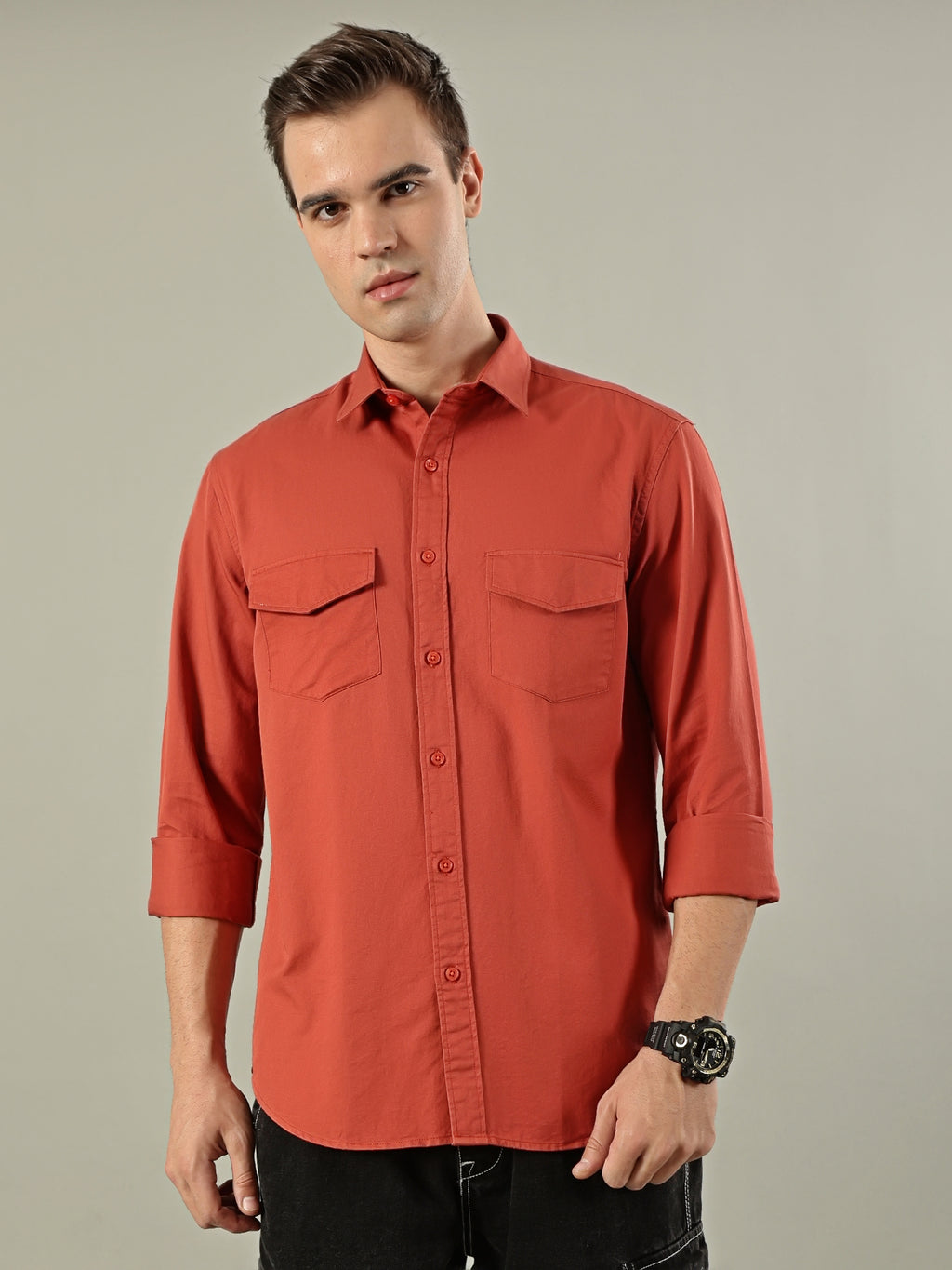Solid Cotton Utility Shirt – Rust Orange