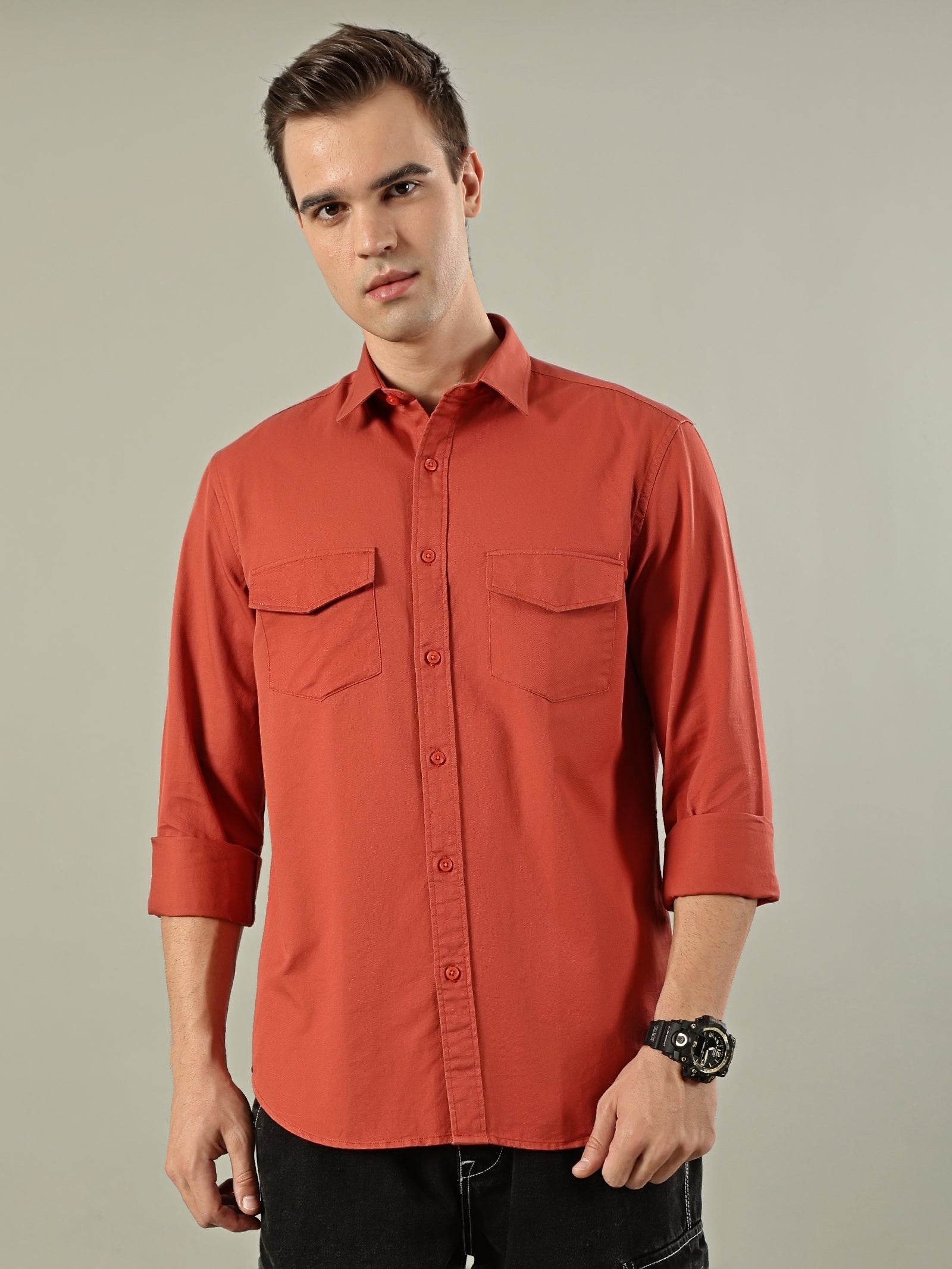 Solid Cotton Utility Shirt – Rust Orange