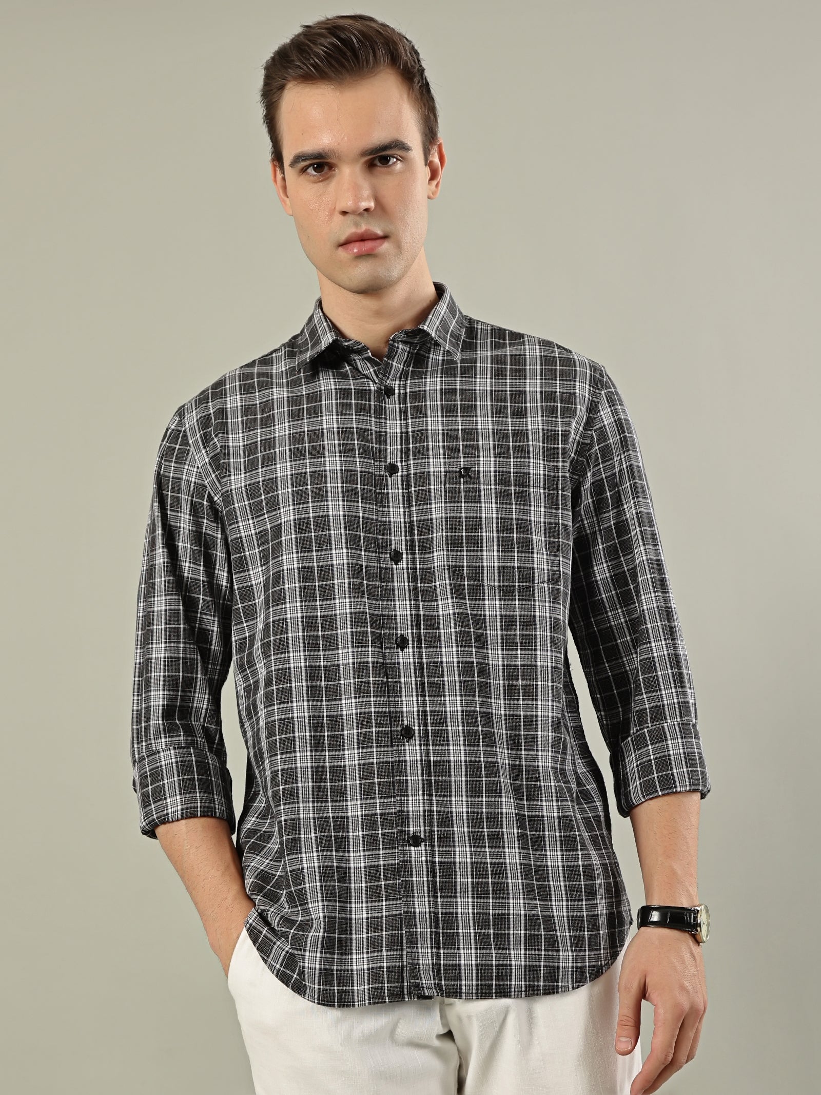 Fine Check Cotton Shirt – Grey & Black