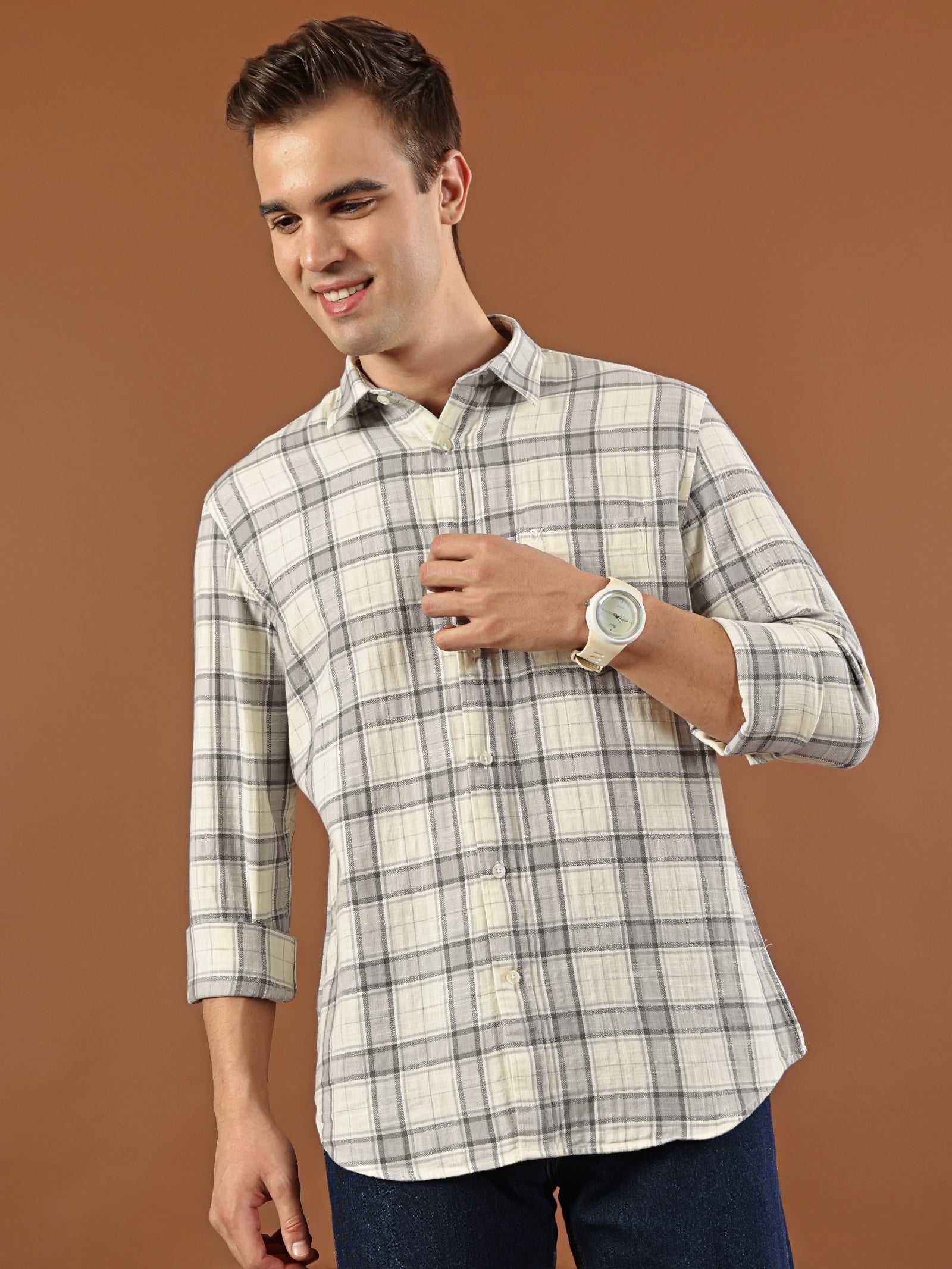 Classic Check Cotton Shirt – Cream & Grey