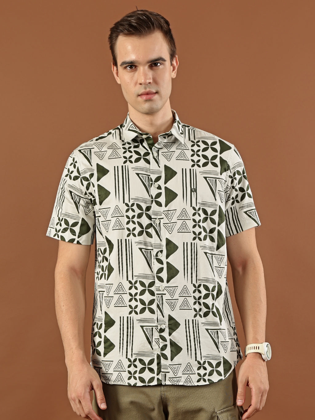 Geometric Print Cotton Shirt – Olive Green & Cream