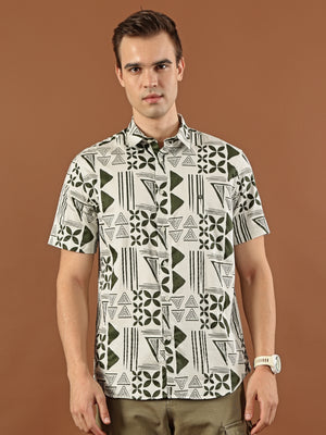 Geometric Print Cotton Shirt – Olive Green & Cream