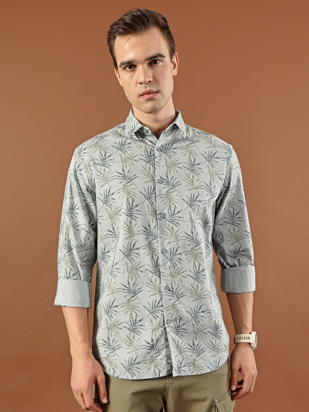 Tropical Print Cotton Shirt – Mist Grey