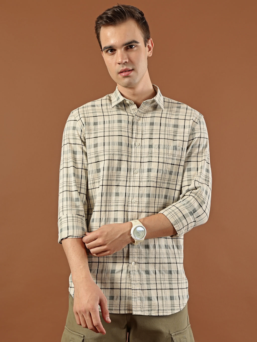 Classic Check Cotton Shirt – Beige & Grey