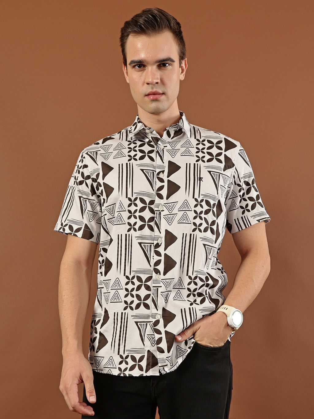 Geometric Print Cotton Shirt - Dark  Brown & White