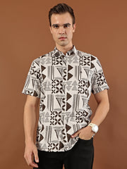 Geometric Print Cotton Shirt - Dark  Brown & White