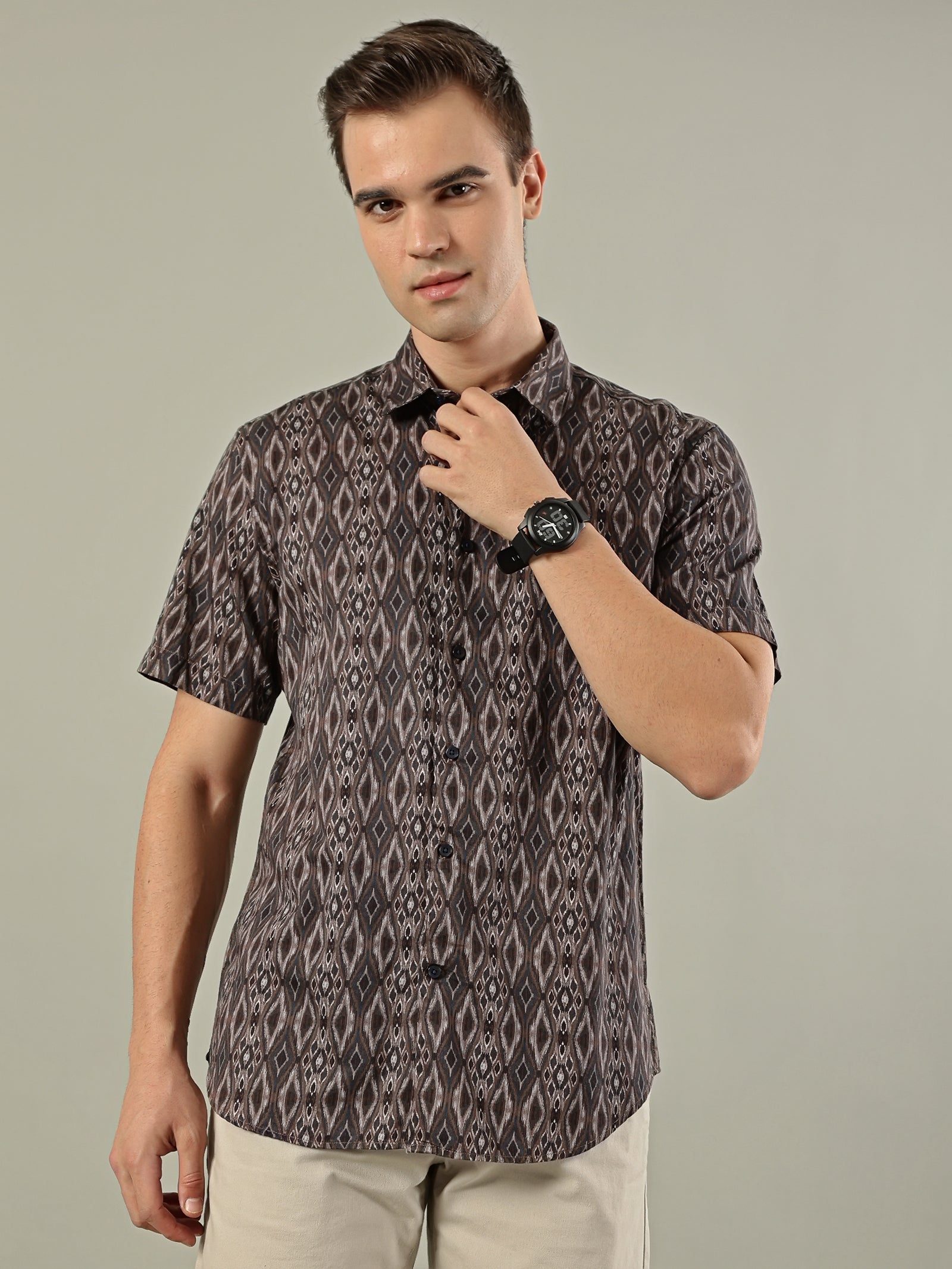 Abstract Print Cotton Shirt – Brown & Grey