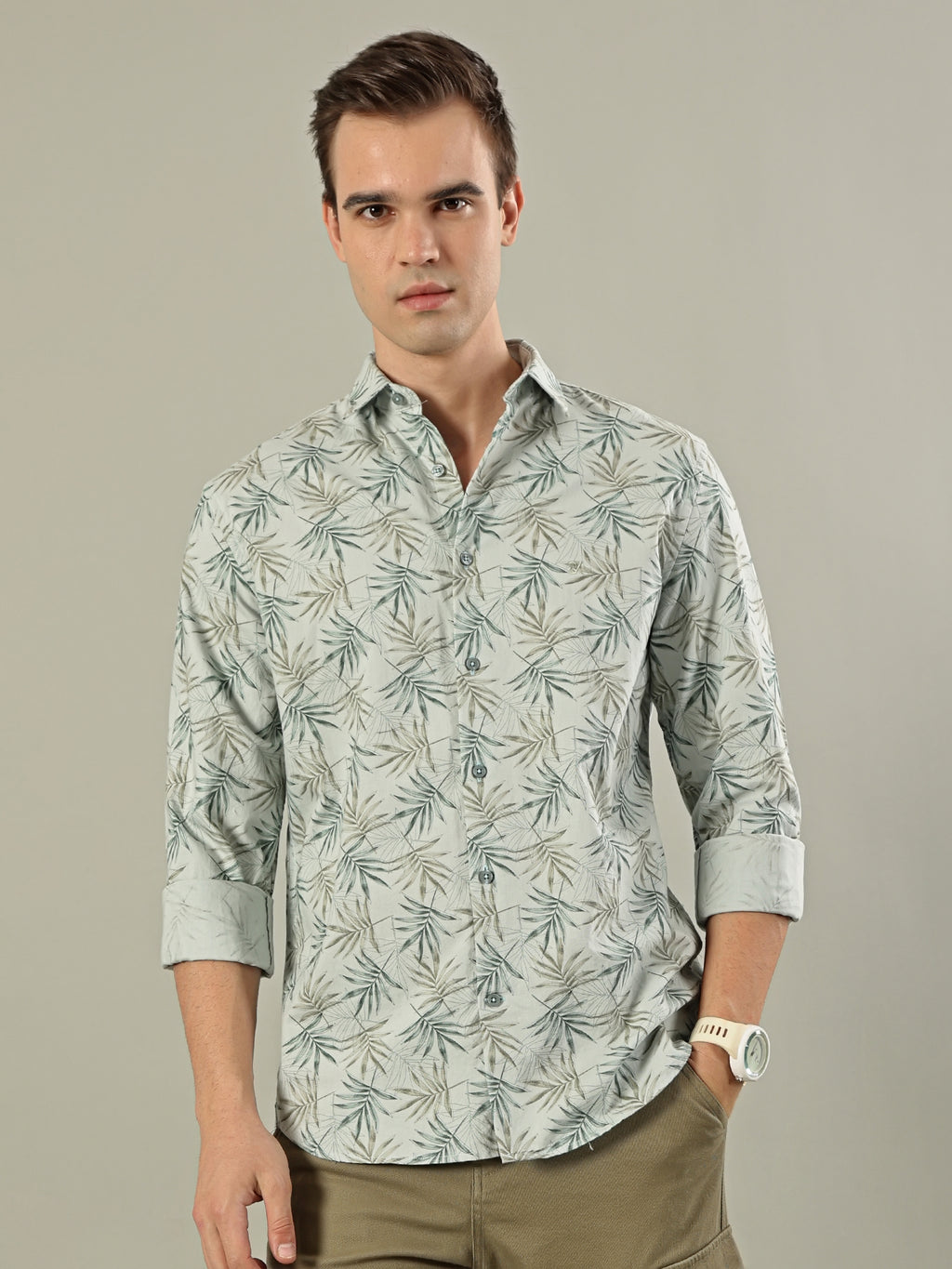 Tropical Print Cotton Shirt – Sage Green
