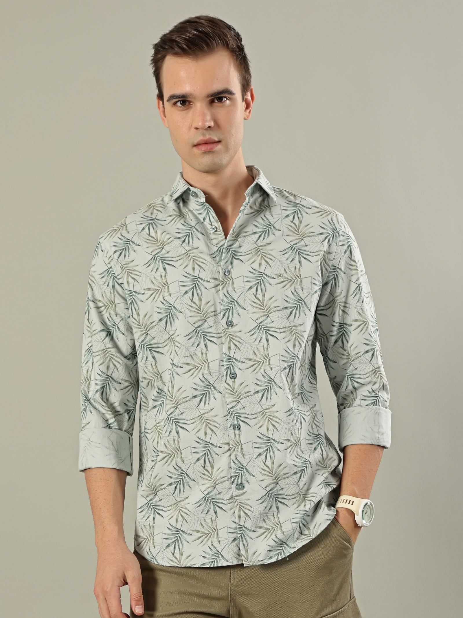Tropical Print Cotton Shirt – Sage Green
