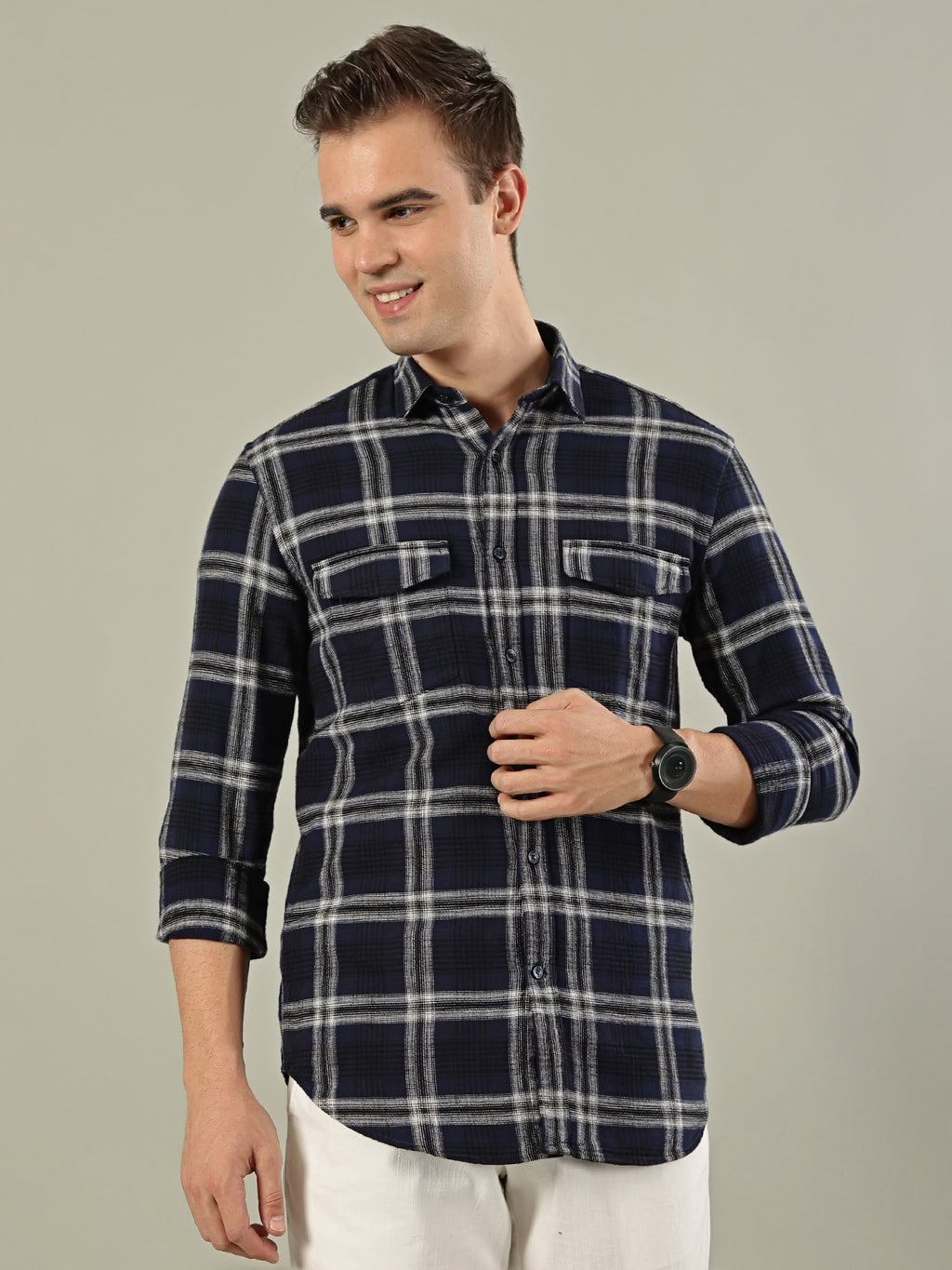 Classic Check Cotton Shirt – Navy Blue & White