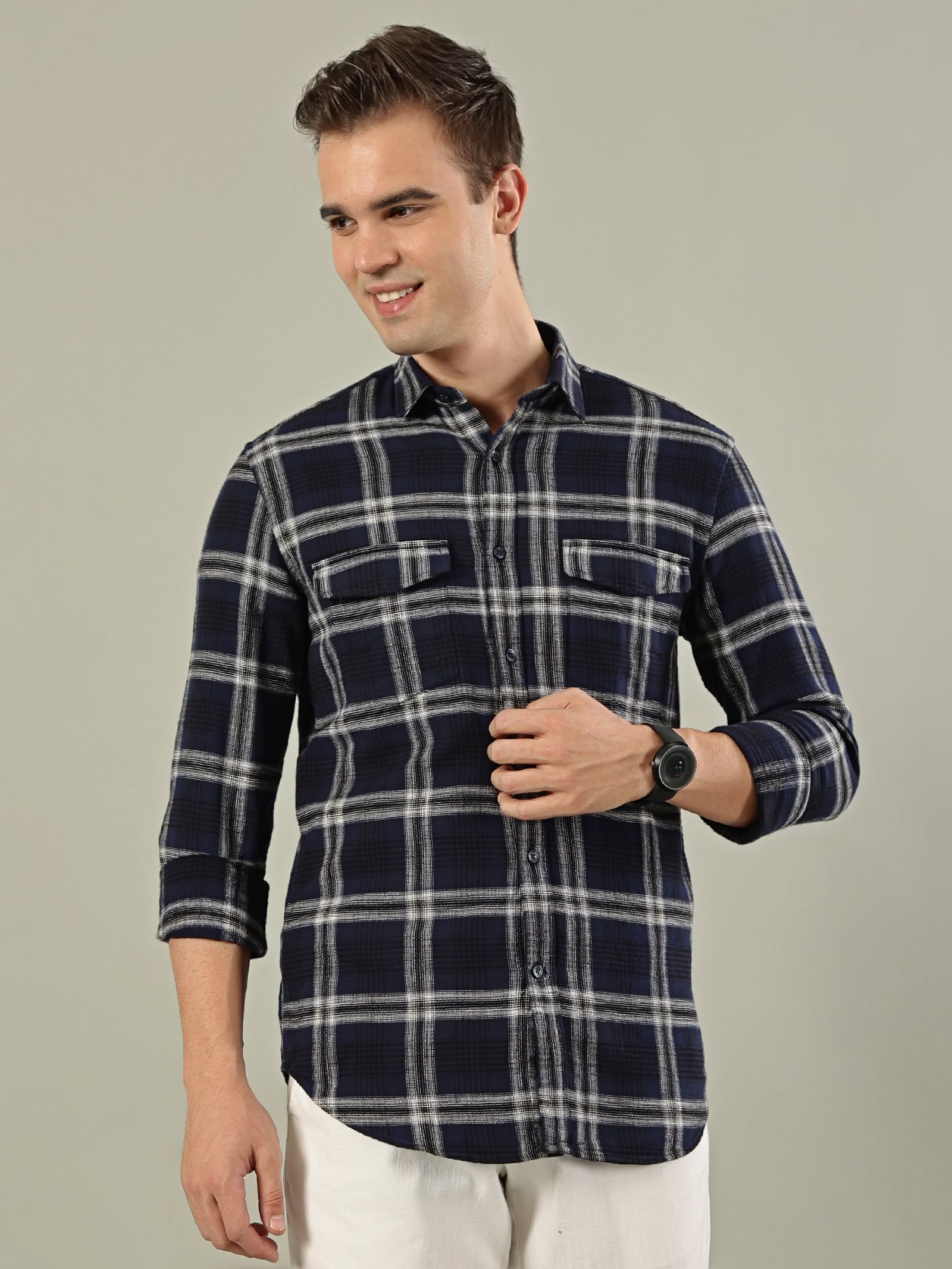 Classic Check Cotton Shirt – Navy Blue & White
