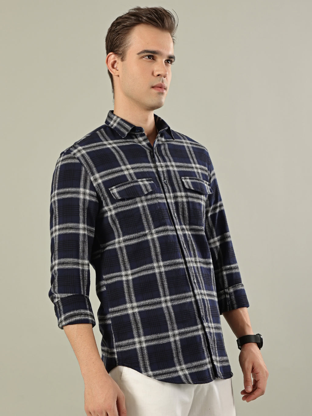 Classic Check Cotton Shirt – Navy Blue & White