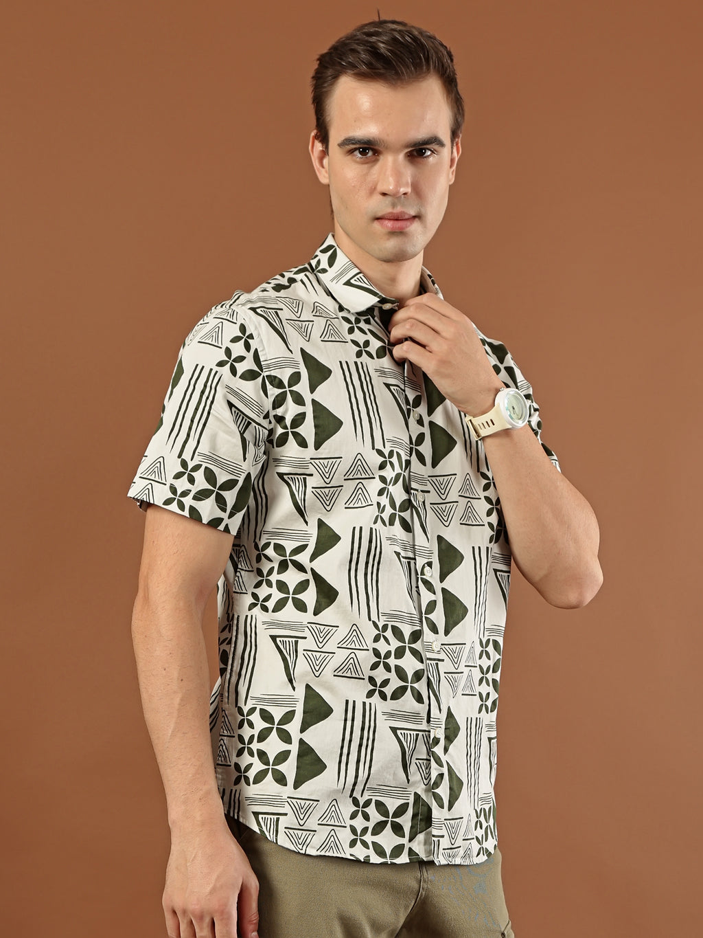 Geometric Print Cotton Shirt – Olive Green & Cream