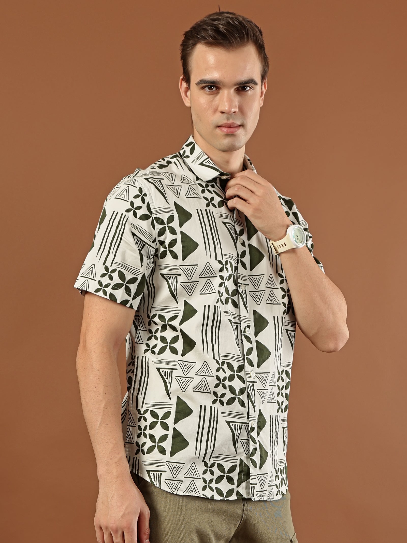 Geometric Print Cotton Shirt – Olive Green & Cream