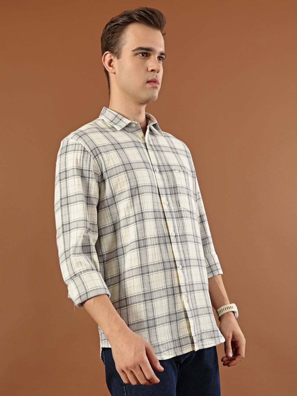Classic Check Cotton Shirt – Cream & Grey