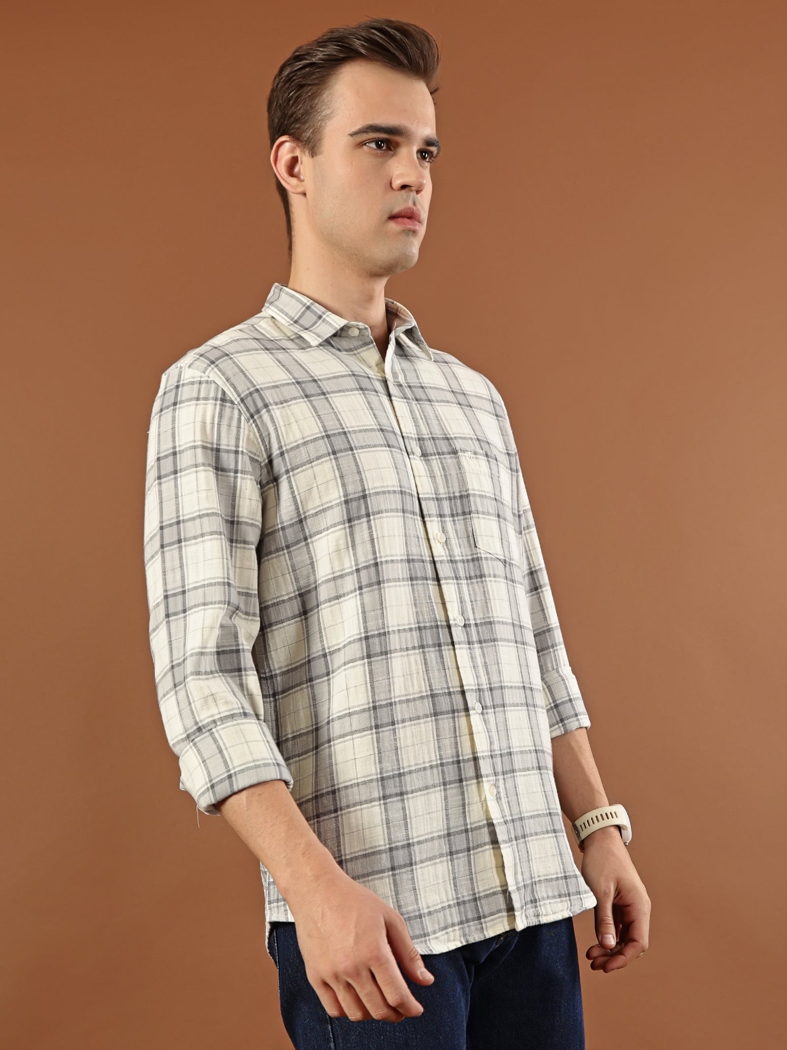 Classic Check Cotton Shirt – Cream & Grey