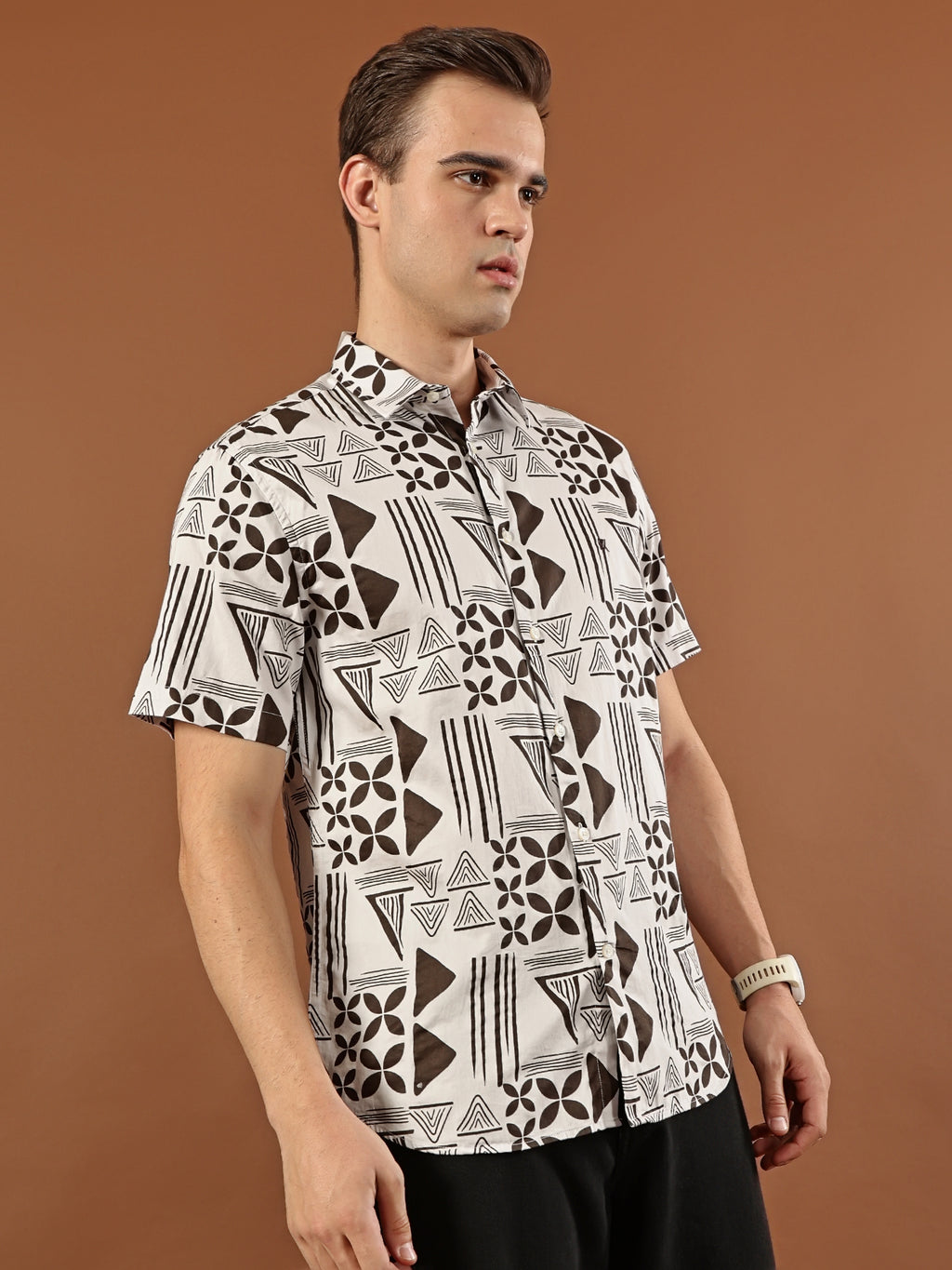 Geometric Print Cotton Shirt - Dark  Brown & White