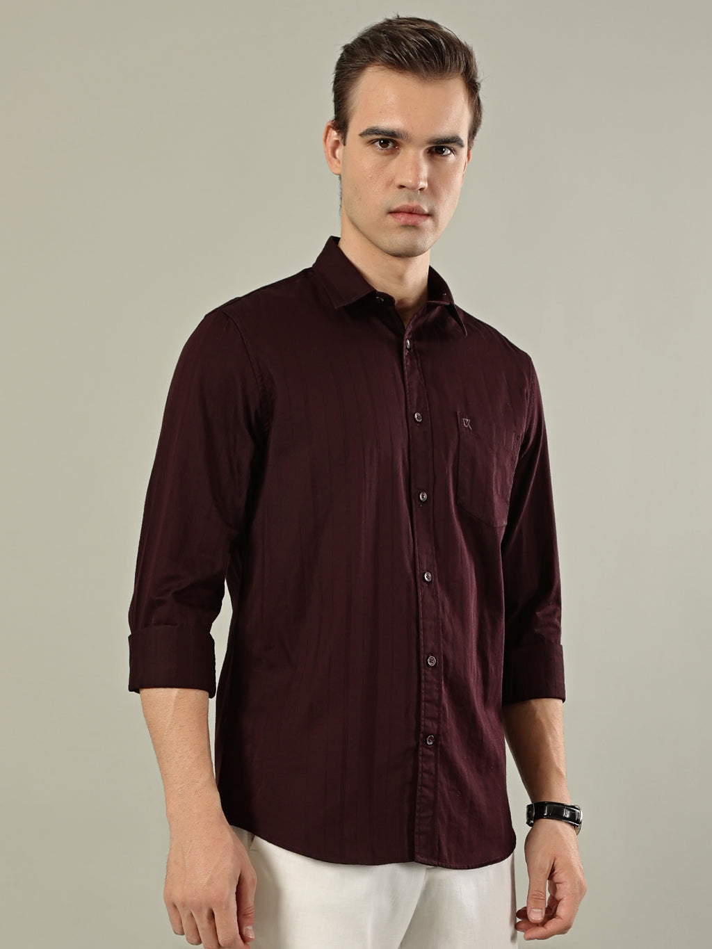 Striped Cotton Shirt – Deep Maroon