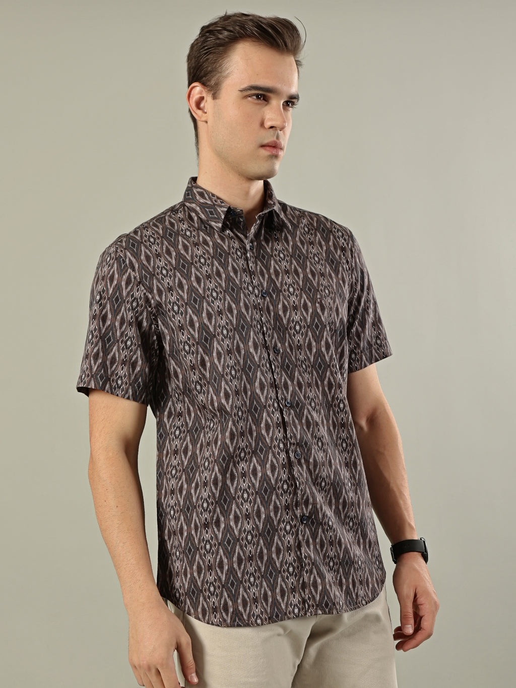 Abstract Print Cotton Shirt – Brown & Grey