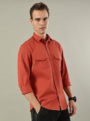 Solid Cotton Utility Shirt – Rust Orange