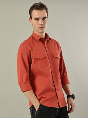Solid Cotton Utility Shirt – Rust Orange