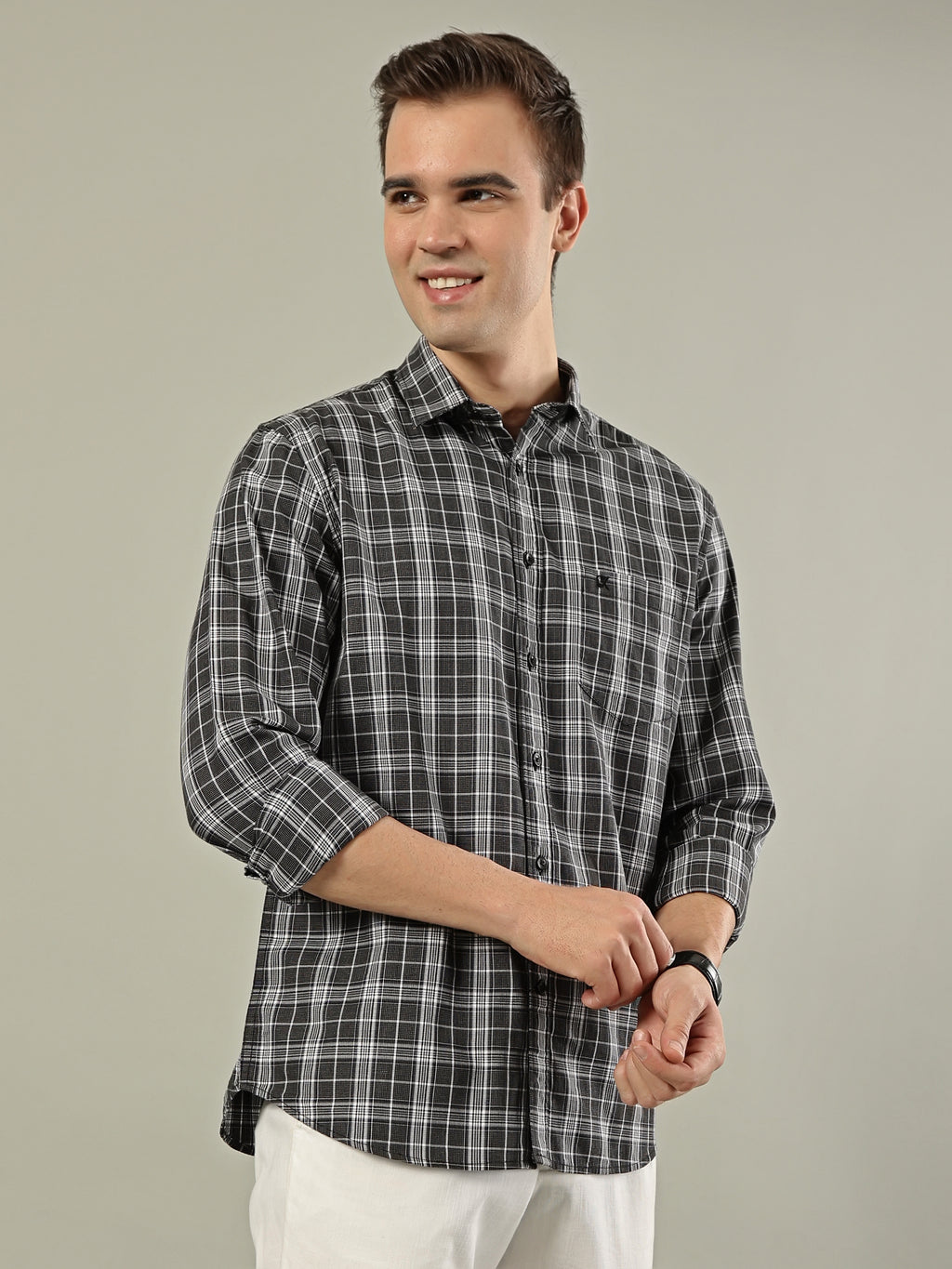 Fine Check Cotton Shirt – Grey & Black