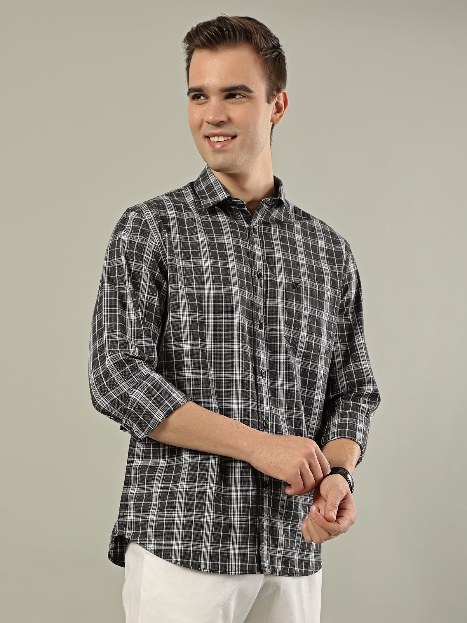 Fine Check Cotton Shirt – Grey & Black