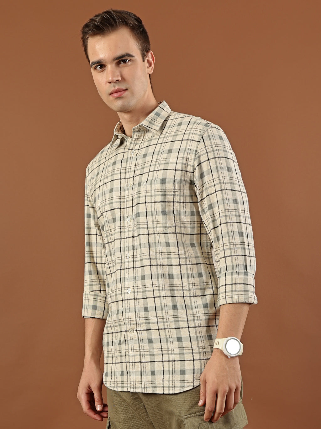 Classic Check Cotton Shirt – Beige & Grey