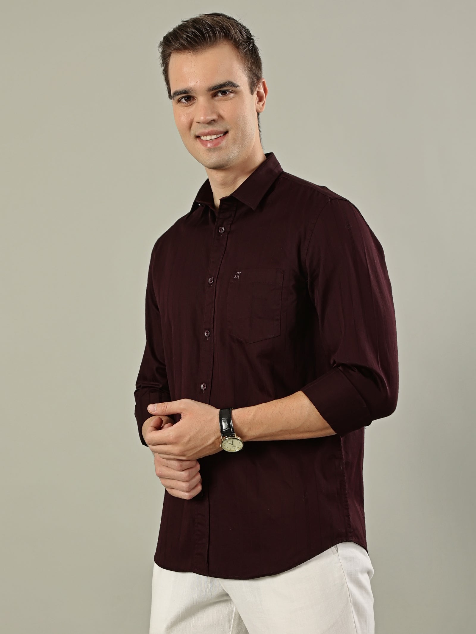 Striped Cotton Shirt – Deep Maroon