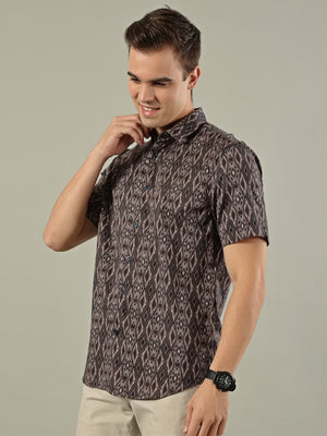 Abstract Print Cotton Shirt – Brown & Grey