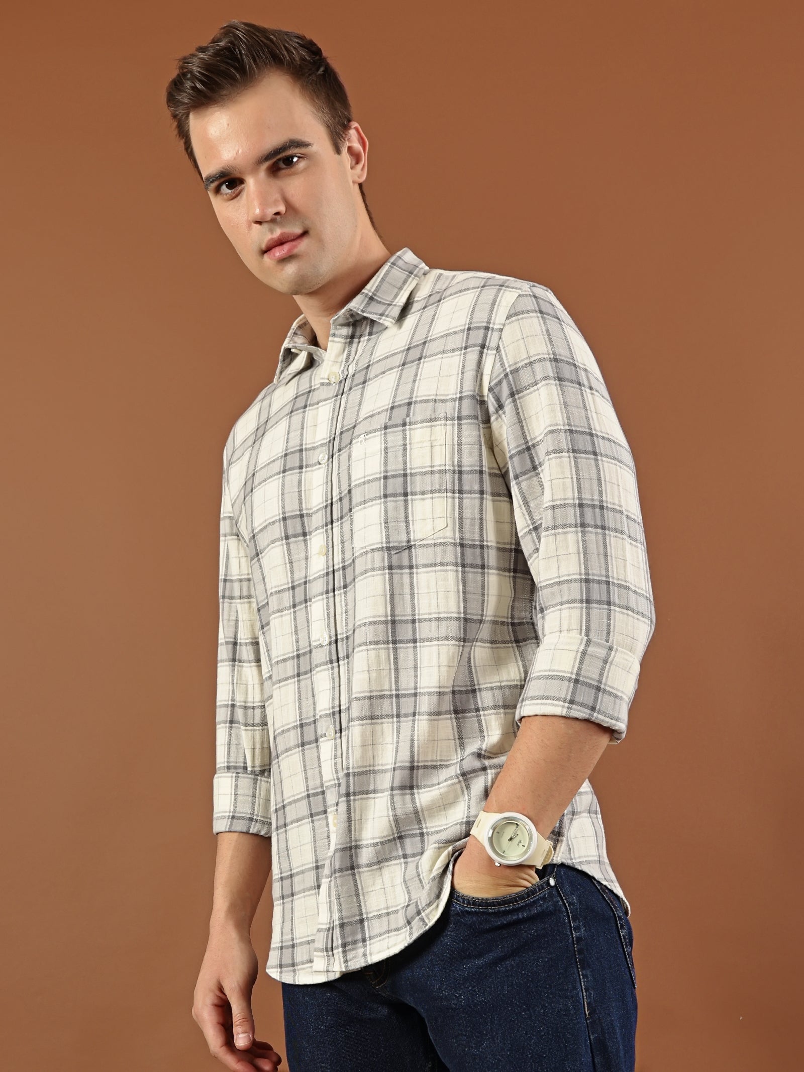 Classic Check Cotton Shirt – Cream & Grey