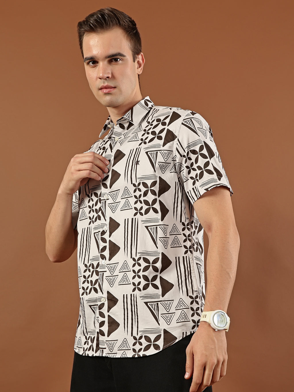 Geometric Print Cotton Shirt - Dark  Brown & White