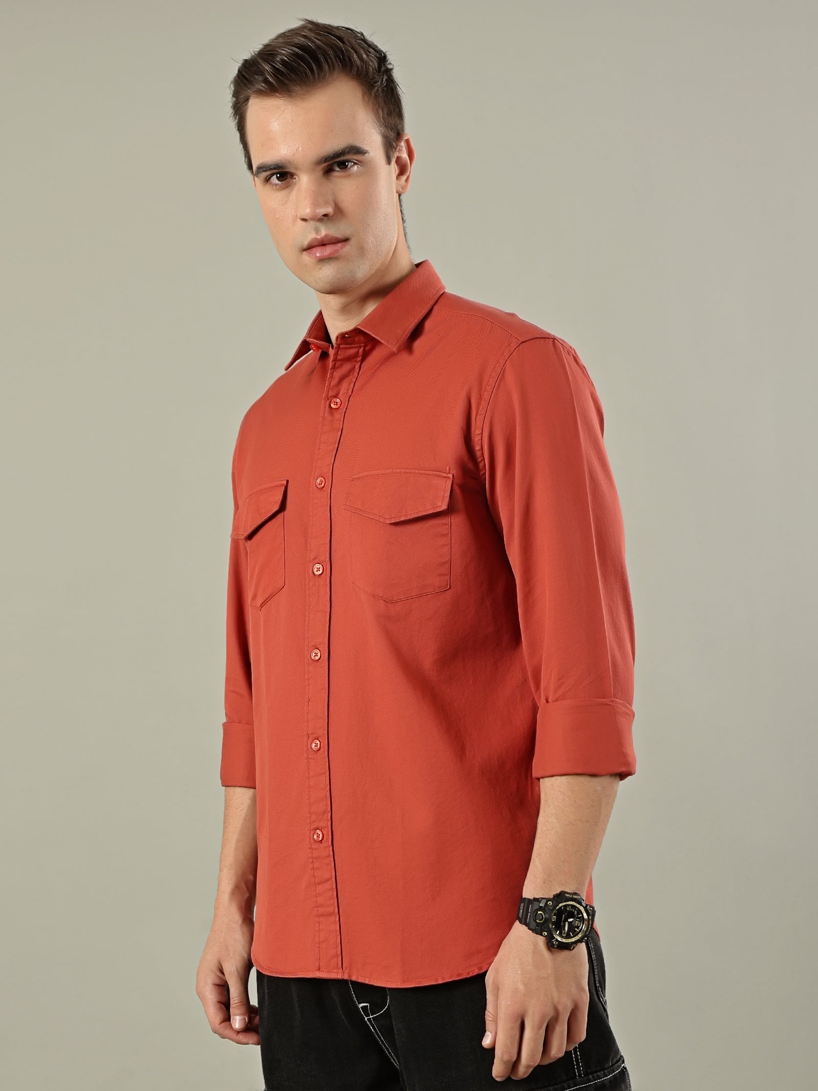 Solid Cotton Utility Shirt – Rust Orange