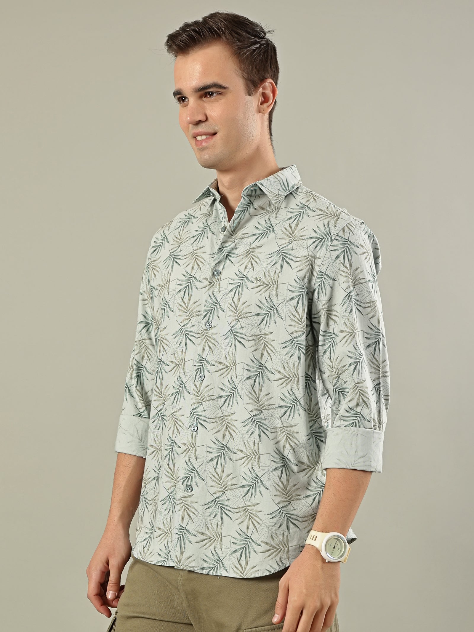 Tropical Print Cotton Shirt – Sage Green