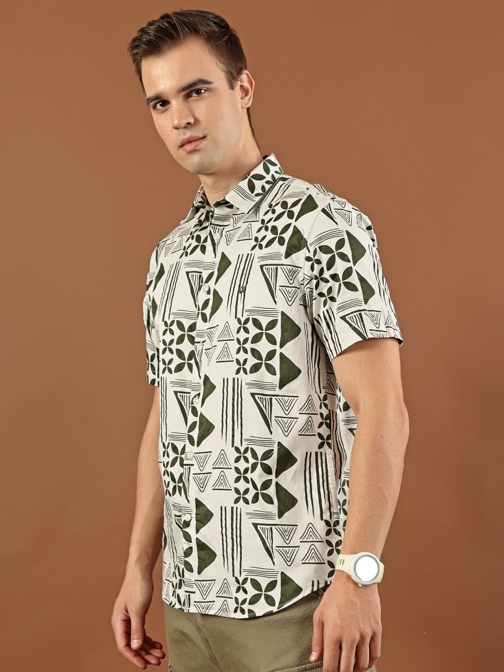 Geometric Print Cotton Shirt – Olive Green & Cream