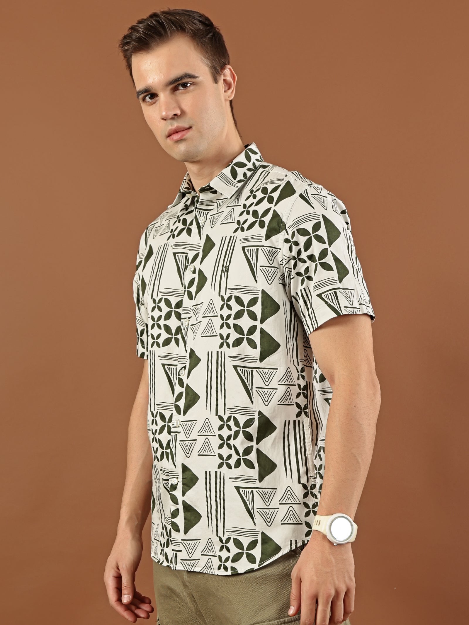 Geometric Print Cotton Shirt – Olive Green & Cream