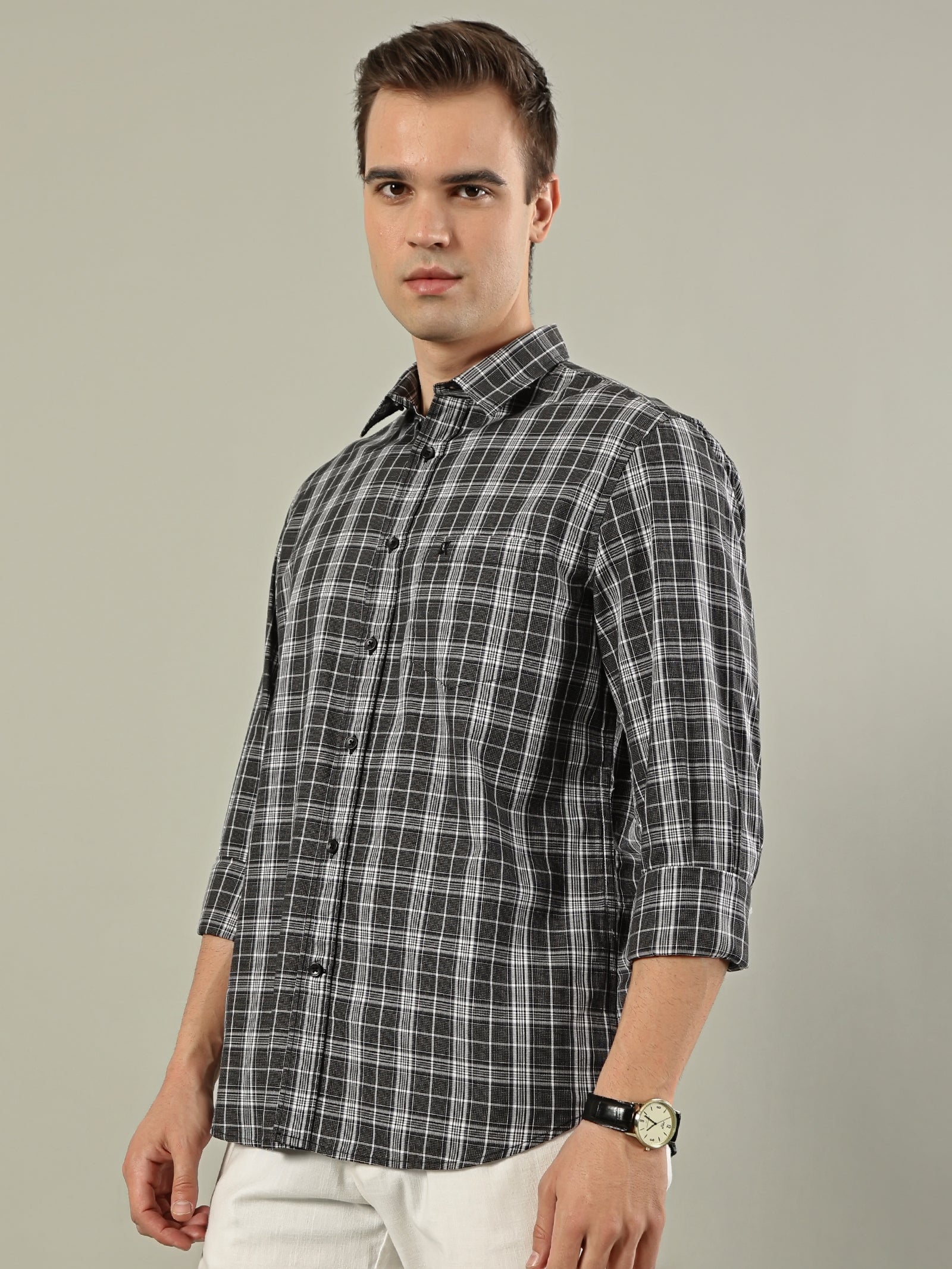 Fine Check Cotton Shirt – Grey & Black