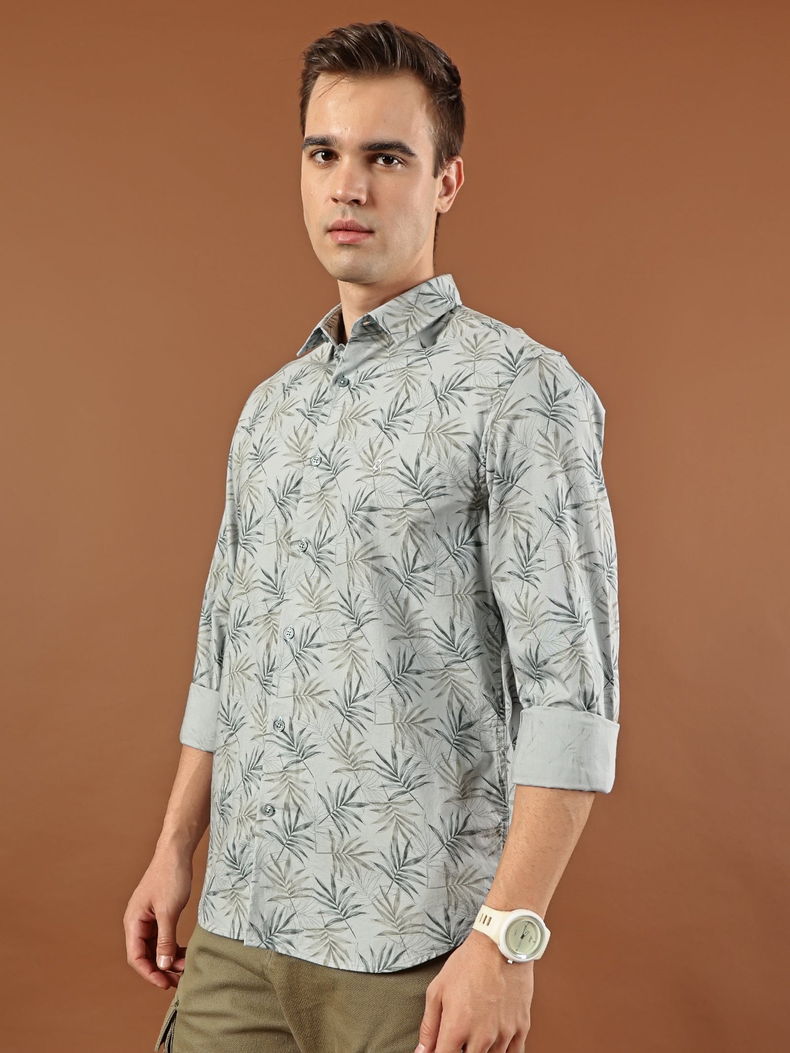 Tropical Print Cotton Shirt – Mist Grey