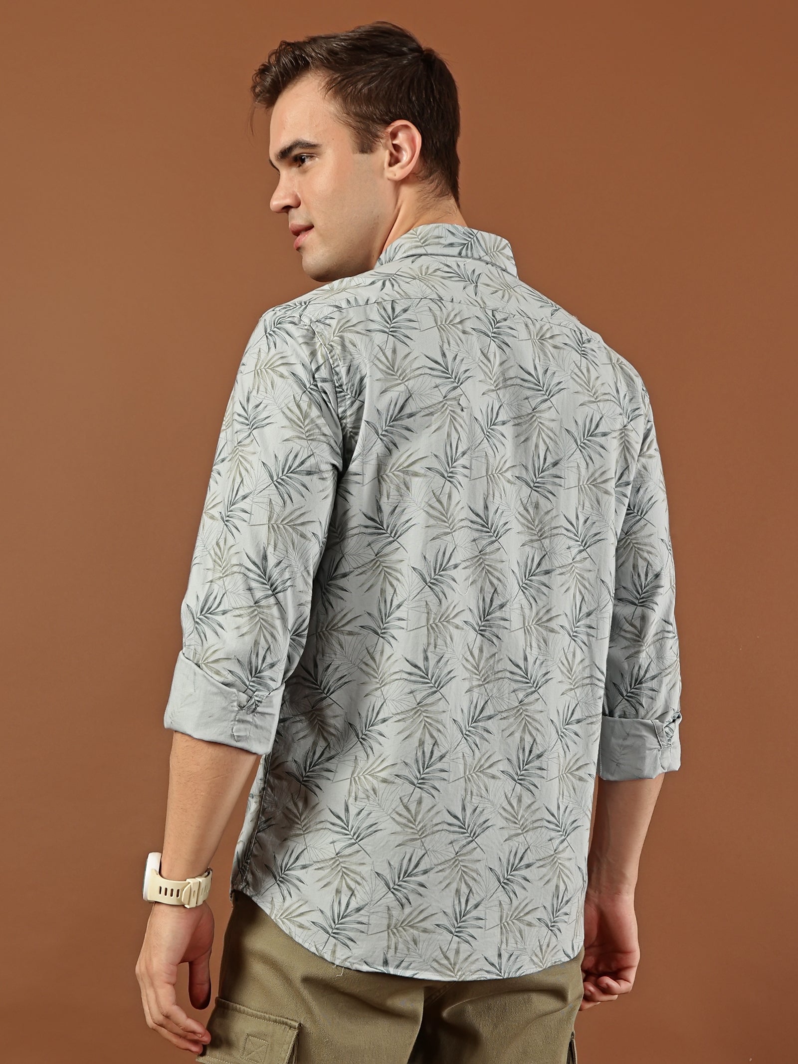 Tropical Print Cotton Shirt – Mist Grey