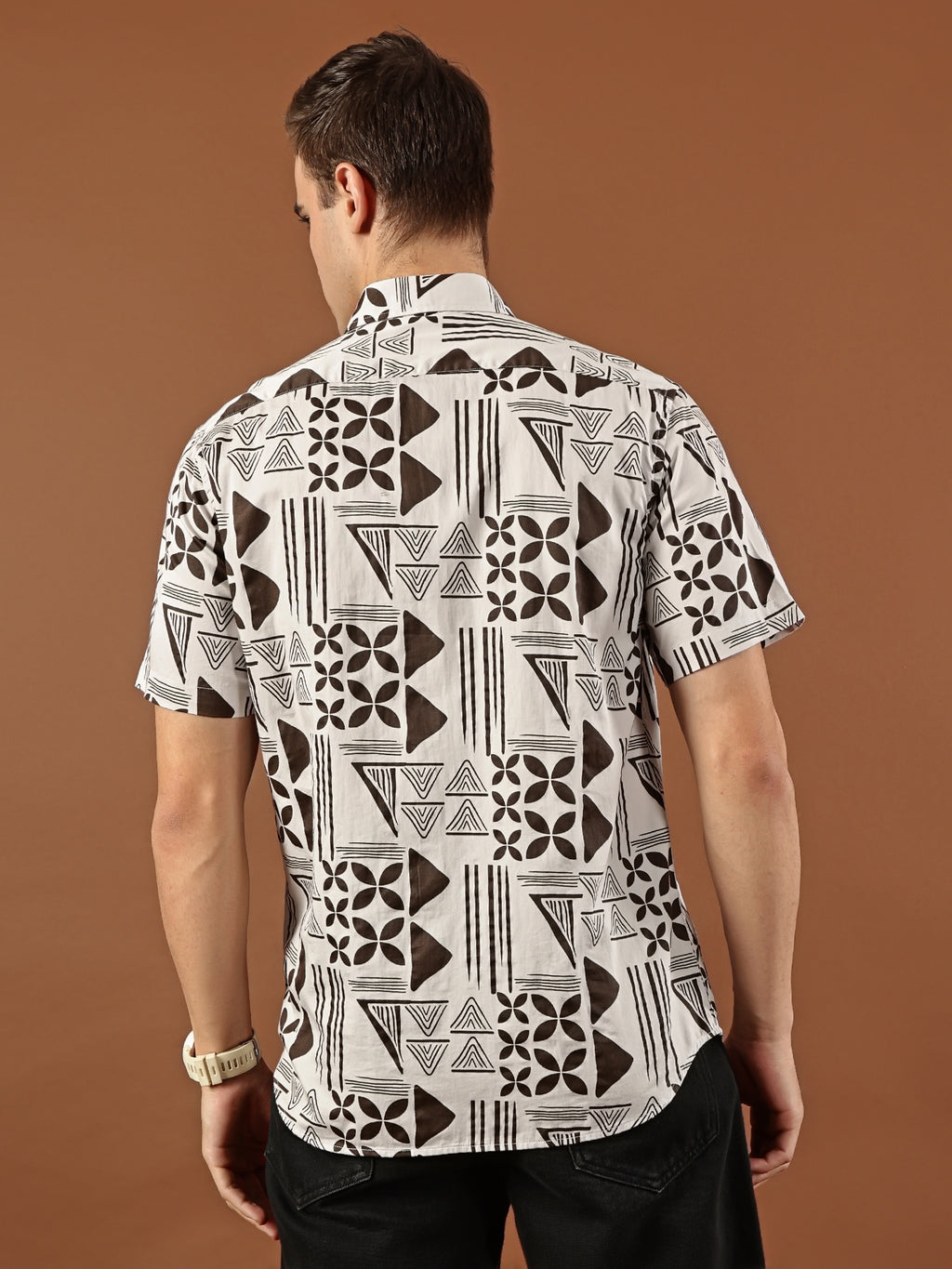 Geometric Print Cotton Shirt - Dark  Brown & White