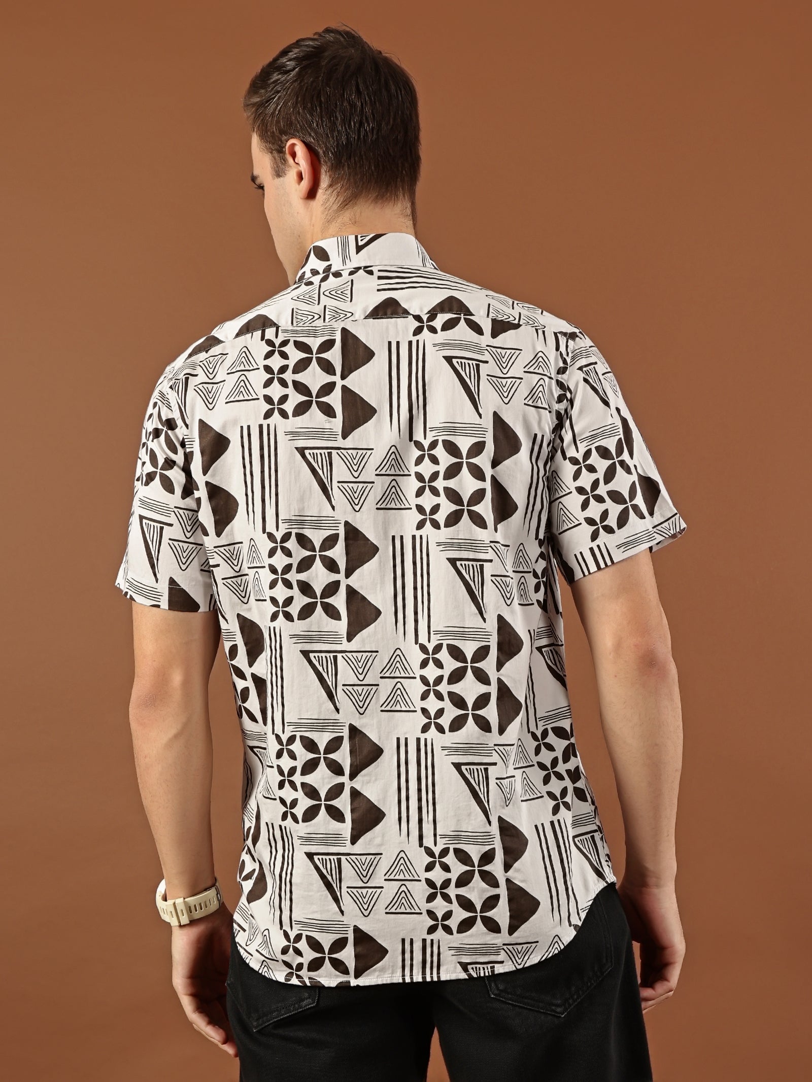 Geometric Print Cotton Shirt - Dark  Brown & White