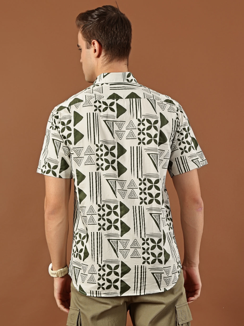 Geometric Print Cotton Shirt – Olive Green & Cream