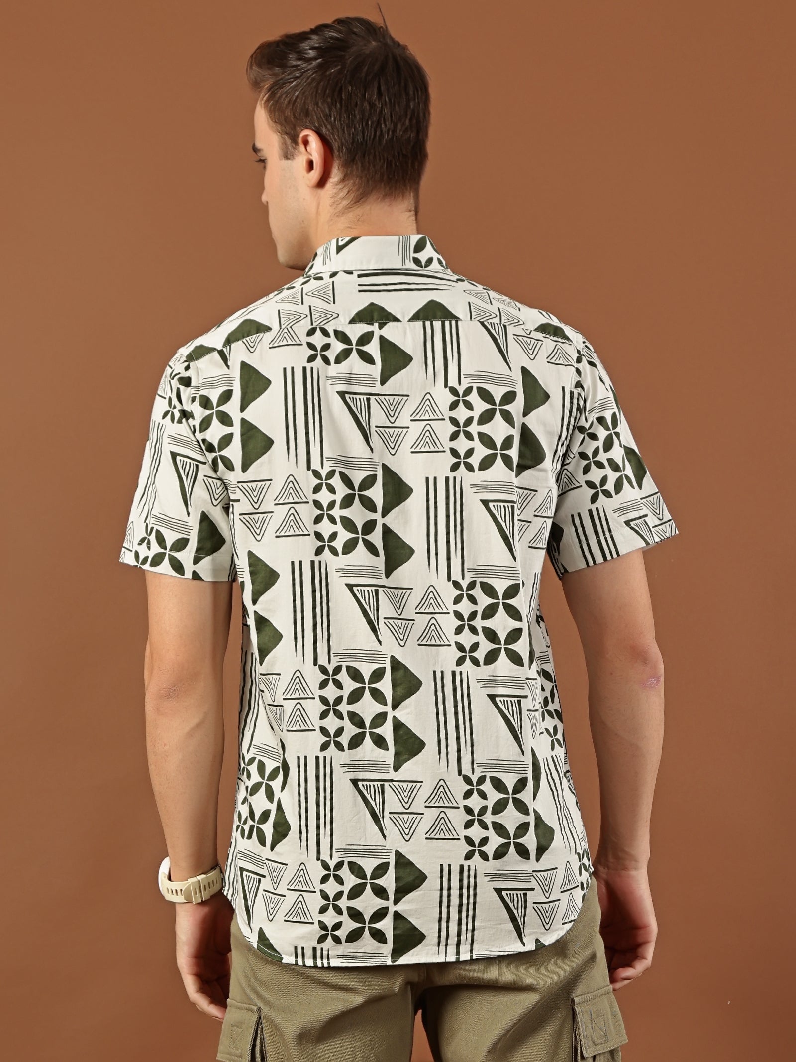 Geometric Print Cotton Shirt – Olive Green & Cream