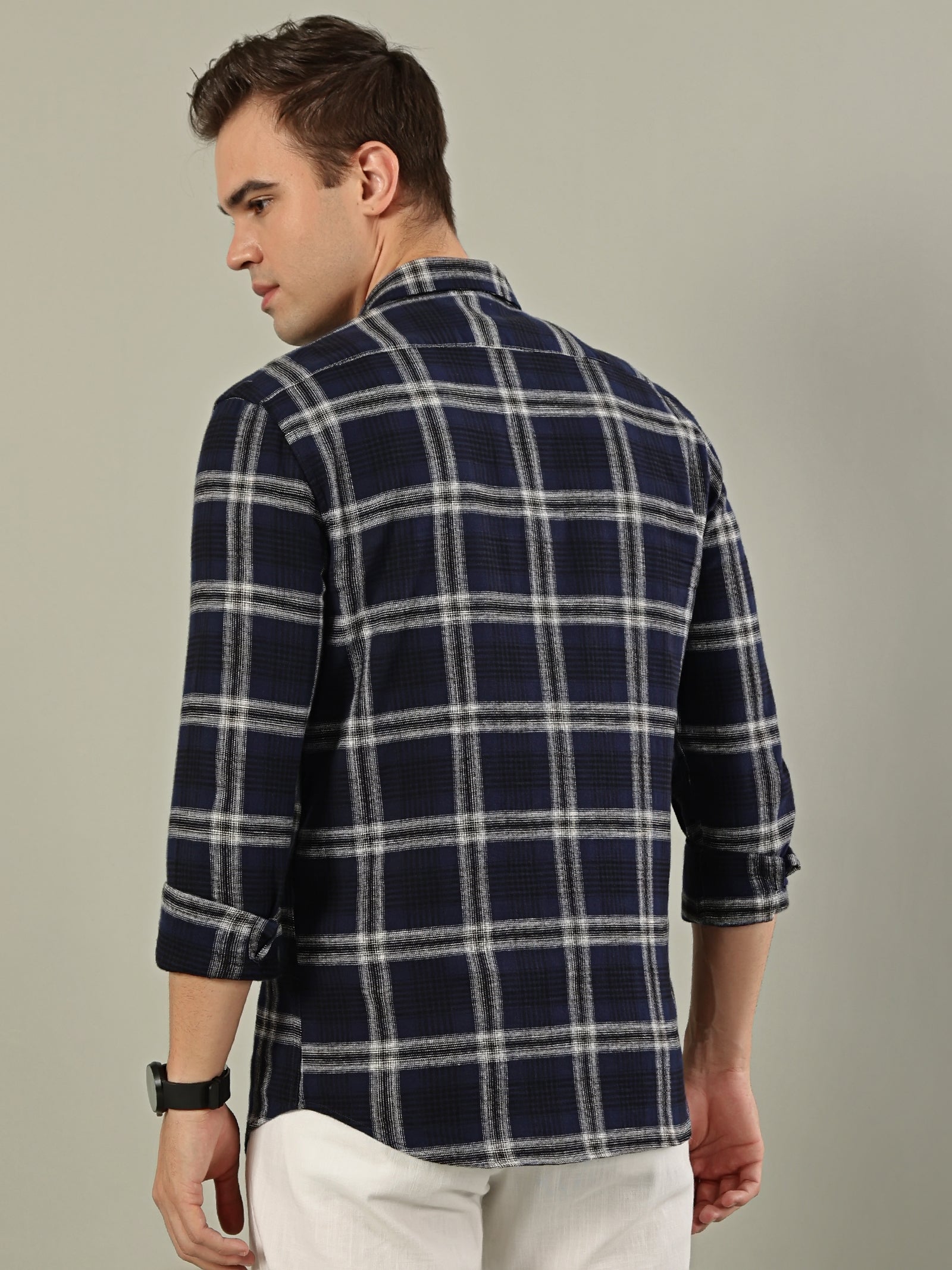 Classic Check Cotton Shirt – Navy Blue & White