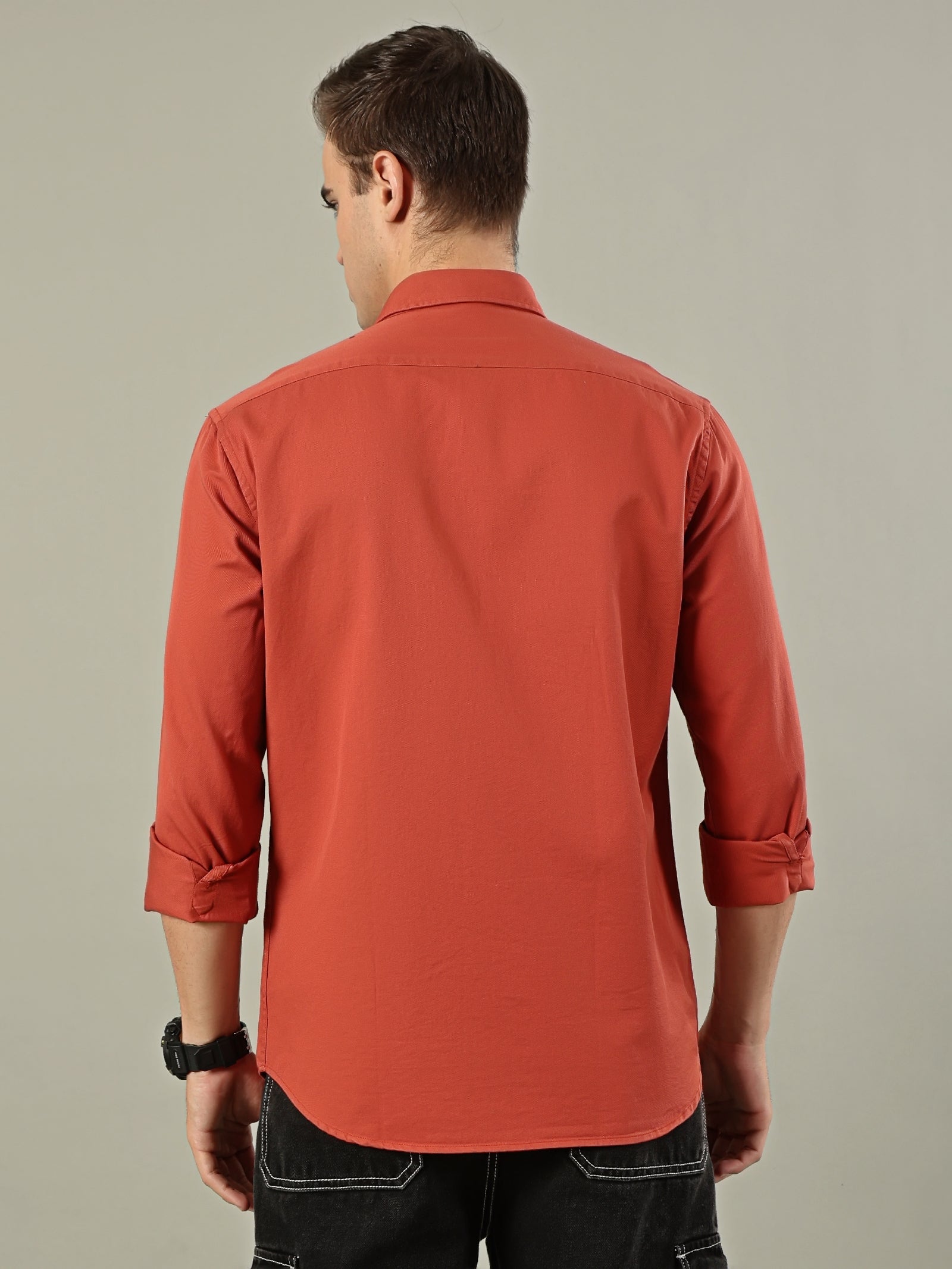 Solid Cotton Utility Shirt – Rust Orange