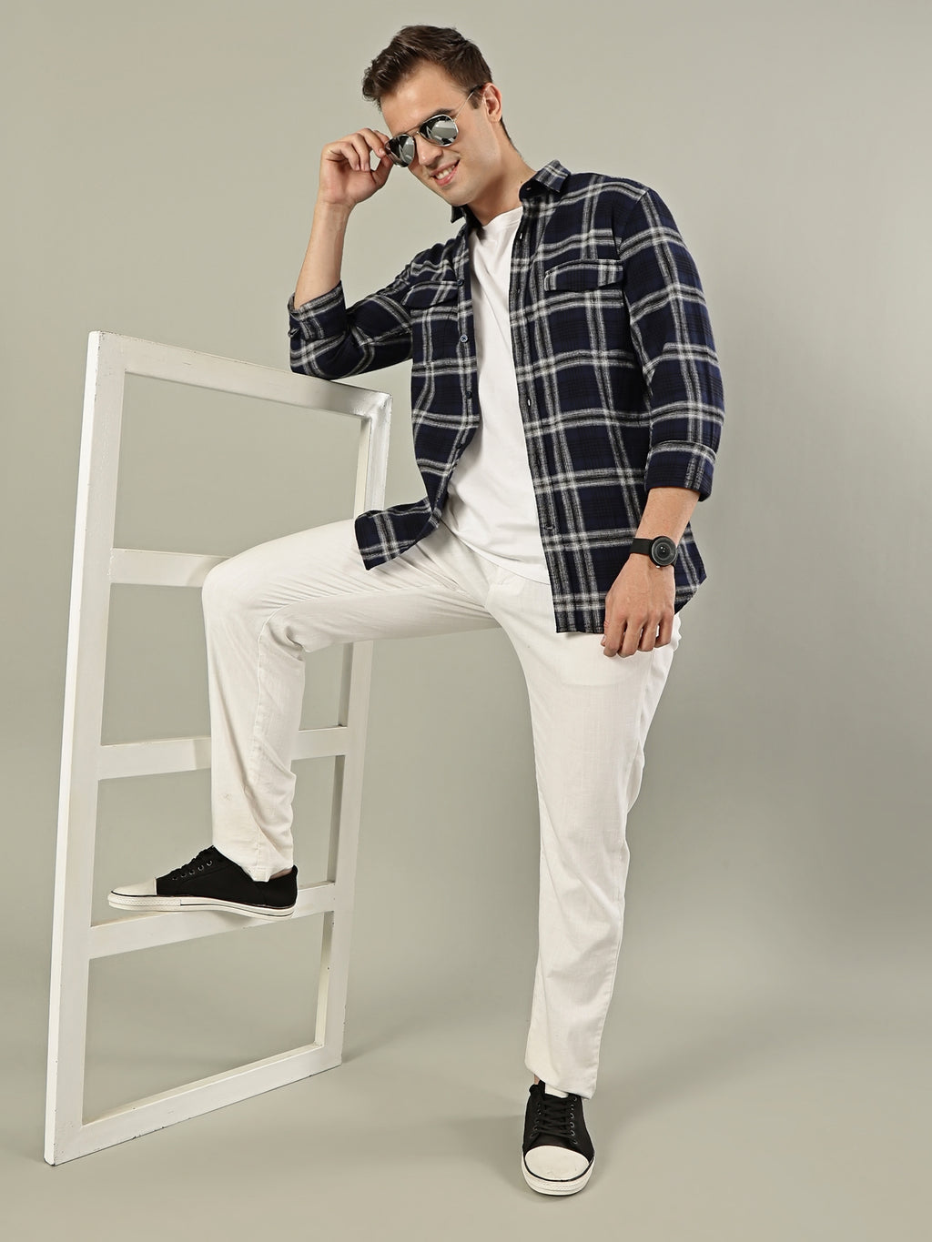Classic Check Cotton Shirt – Navy Blue & White